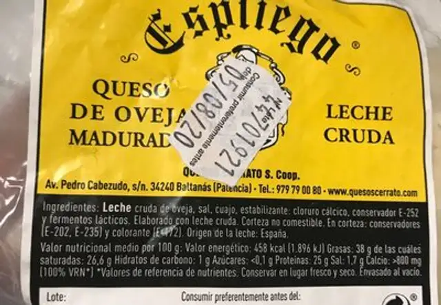 Queso de Oveja Madurado, leche cruda nutrition facts table