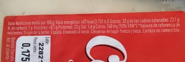 Queso Cerrato Semicurado Cuña 200GRS nutrition facts table