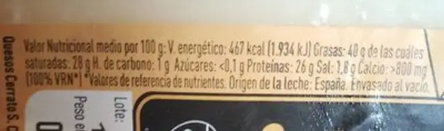 Queso oveja nutrition facts table