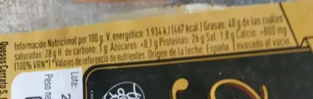 Queso de oveja nutrition facts table