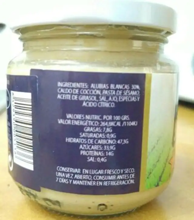 Hummus de alubias nutrition facts table