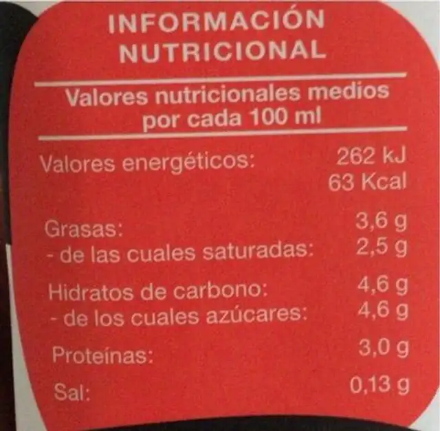Leche entera nutrition facts table