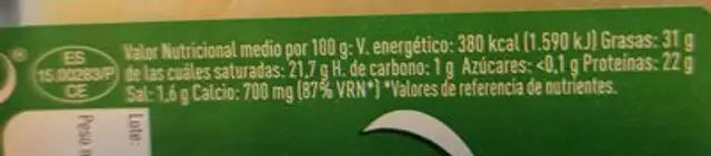 Queso Portillo nutrition facts table