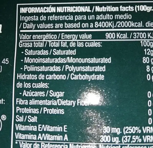 Aceite de oliva Guadlay nutrition facts table