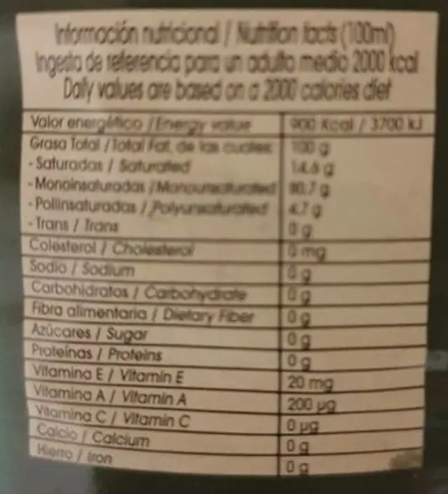 Aceites Guadalentin, Aceite Extra Virgen nutrition facts table