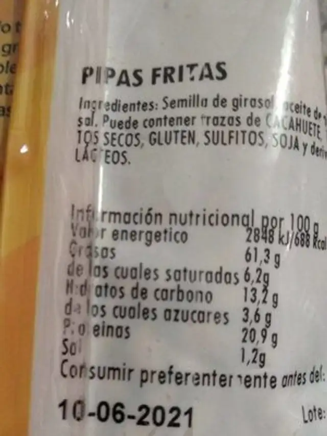 Frutos secos nutrition facts table