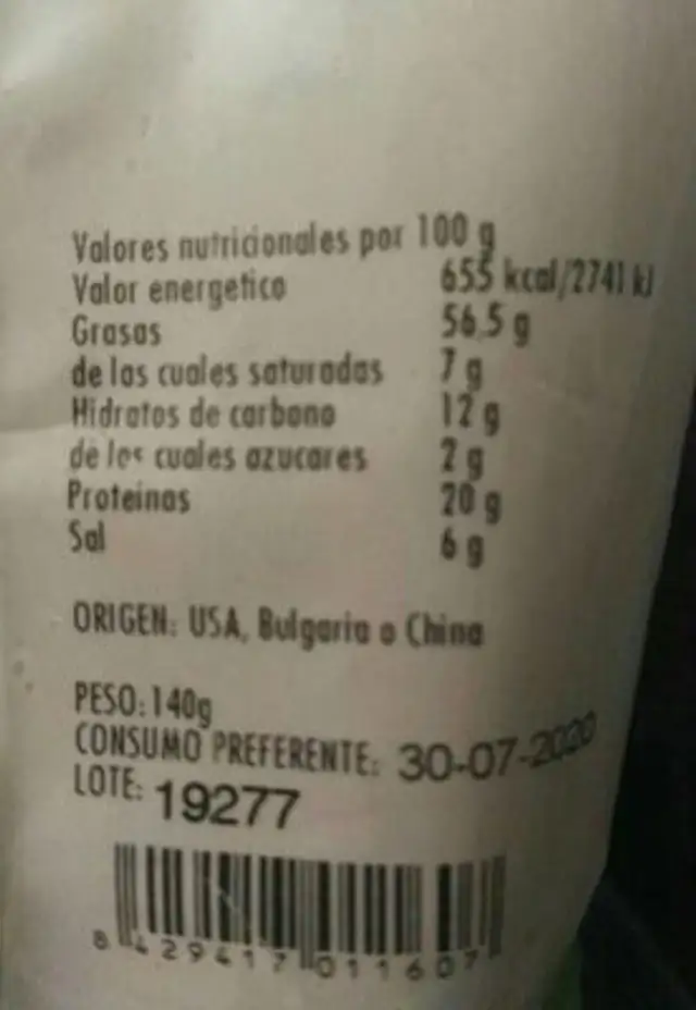 Pipas peladas nutrition facts table