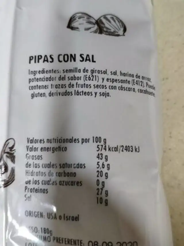Pipas Con Sal nutrition facts table