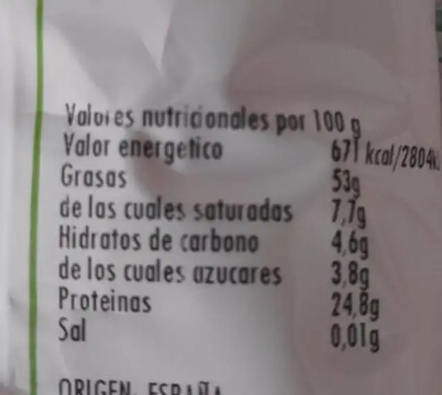 Almendras nutrition facts table