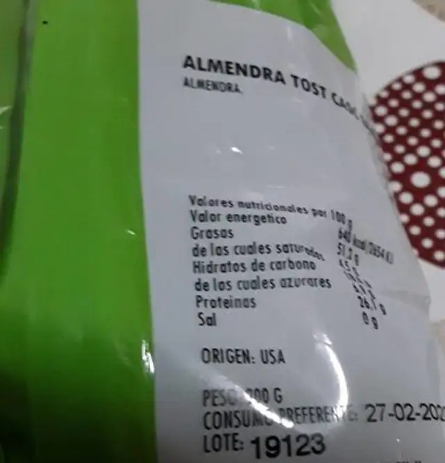 Almendras nutrition facts table