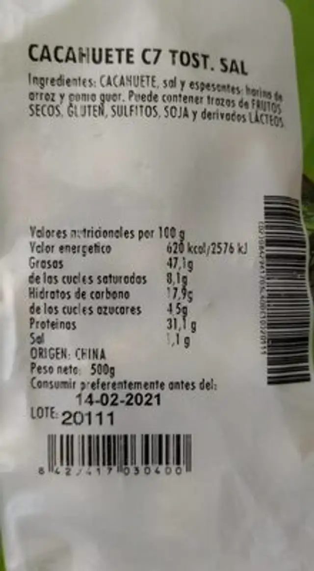 Cacahuetes nutrition facts table