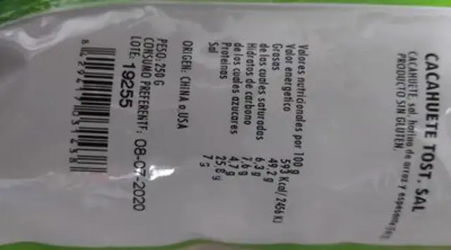 Frutos secos nutrition facts table