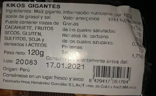 Kikos gigantes nutrition facts table