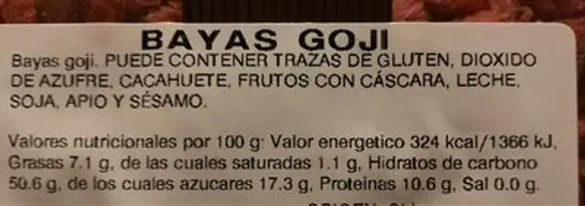 Bayas goji nutrition facts table