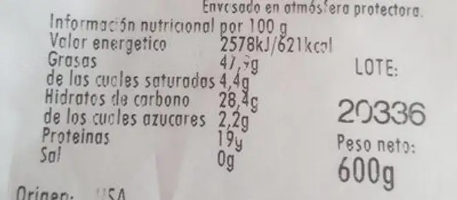 Frutos secos nuez cáscara nutrition facts table