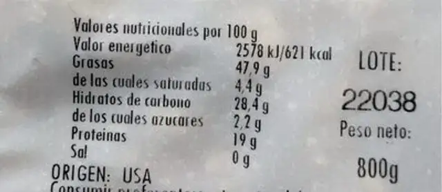 Nuez frutos secos nutrition facts table