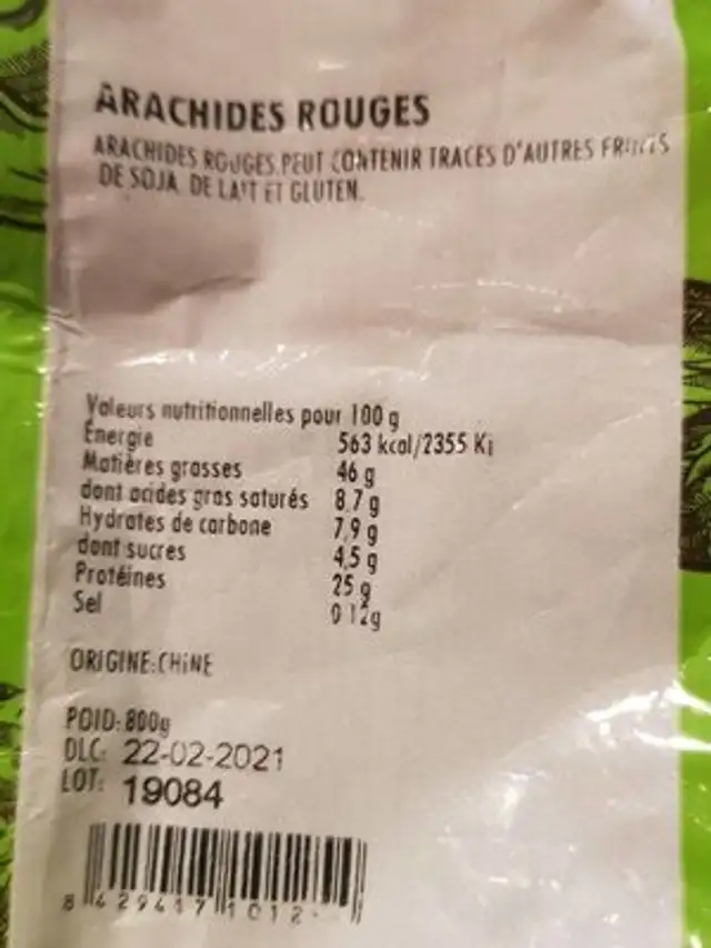 Arachides rouges nutrition facts table