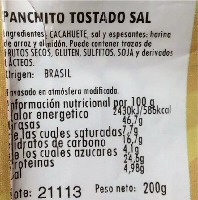 Cacahuetes nutrition facts table