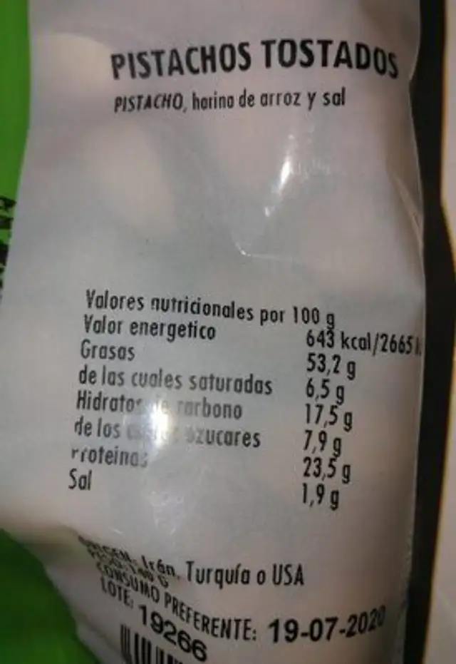 Pistachos nutrition facts table