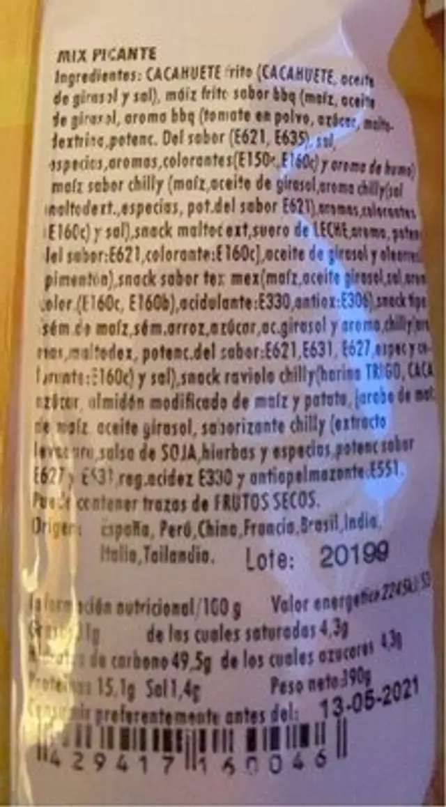 Frutos secos nutrition facts table