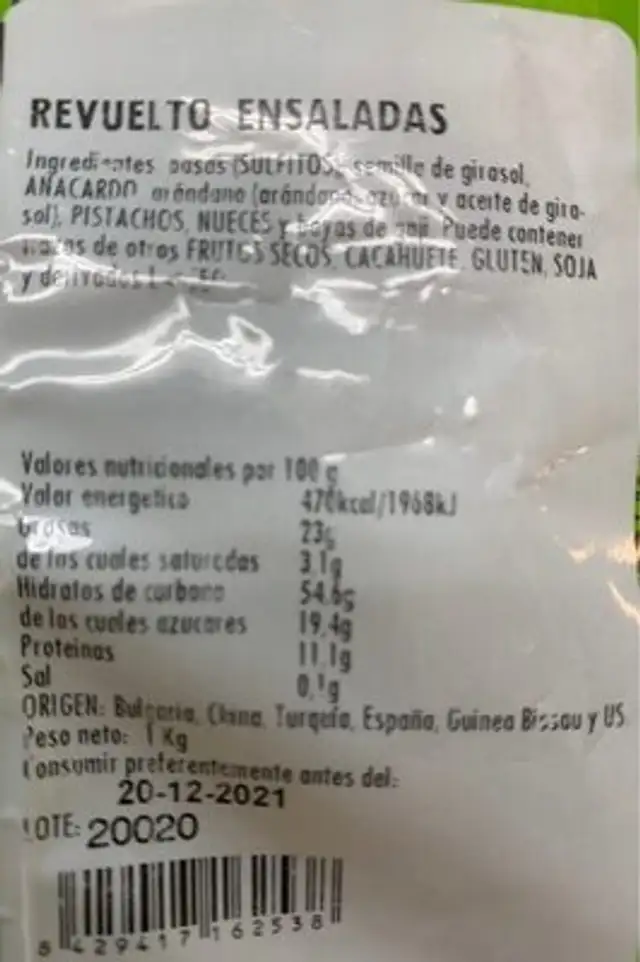 Revuelto ensaladas nutrition facts table
