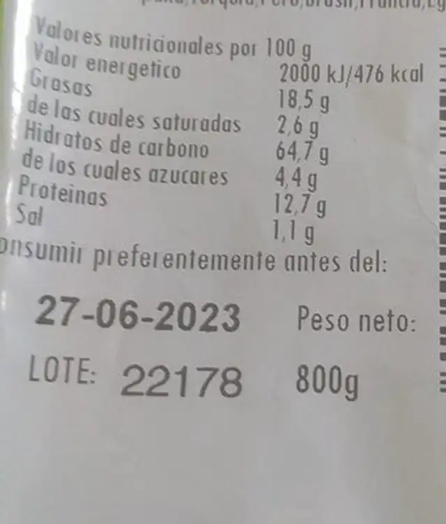 Frutos secos nutrition facts table