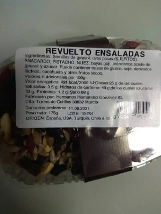 Revuelto Ensaladas Delicias nutrition facts table