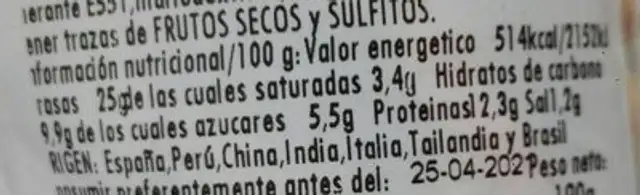 Frutos secos nutrition facts table