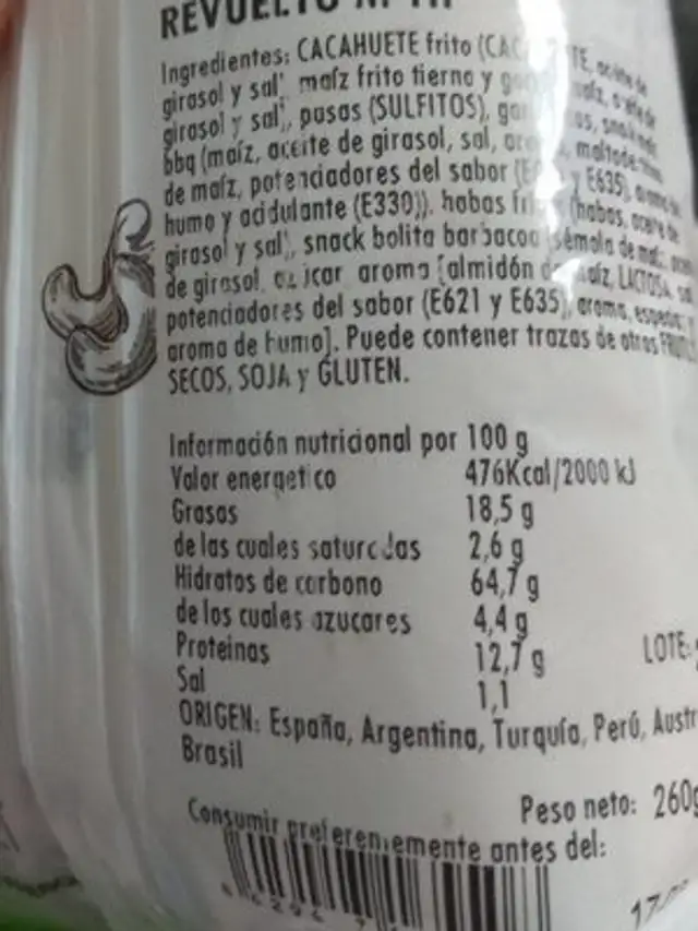 Frutos secos nutrition facts table