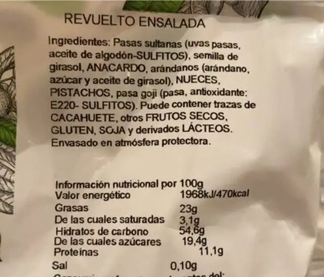 Frutos secos nutrition facts table