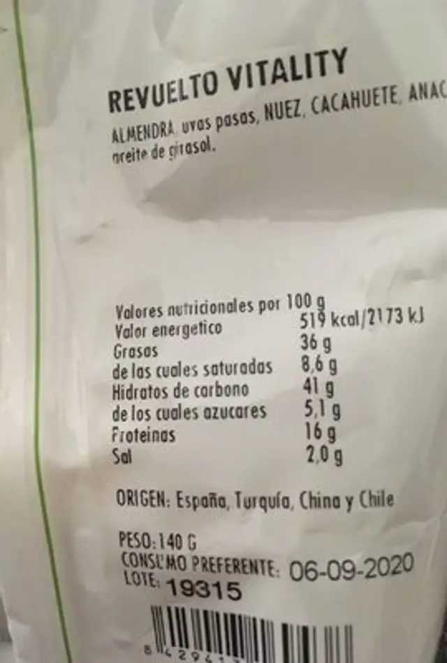Frutos secos al natural nutrition facts table