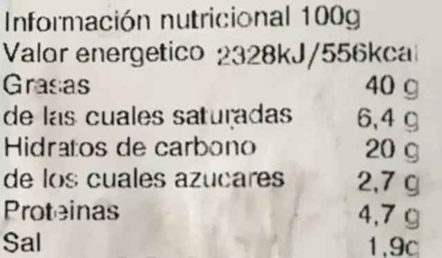 Frutos Secos Revuelto Número Tres nutrition facts table