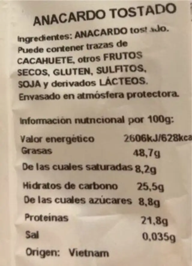 Frutos secos al natural nutrition facts table