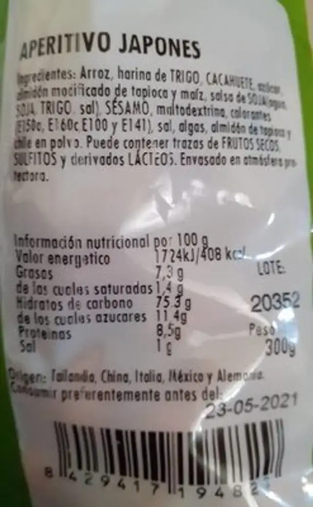 Aperitivo japonés nutrition facts table