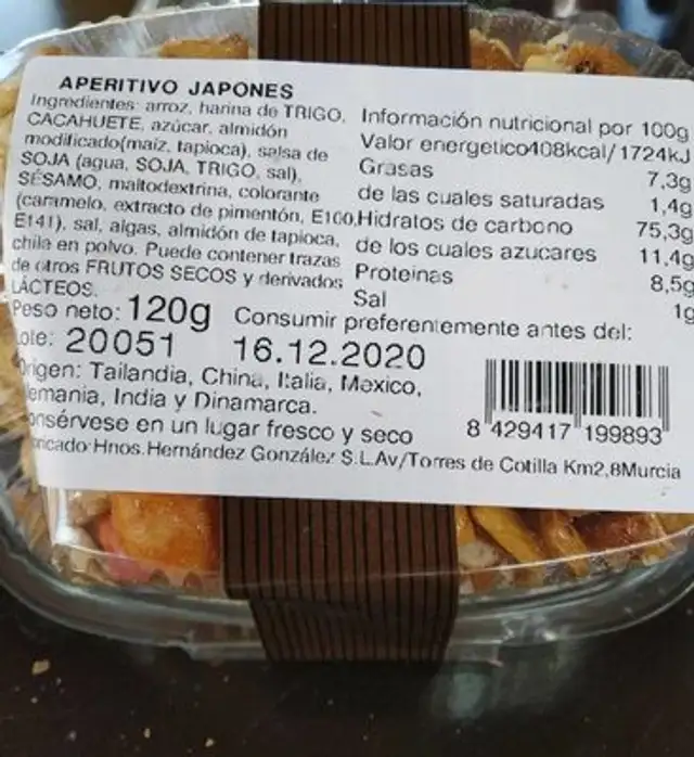 Aperitivo Japones nutrition facts table