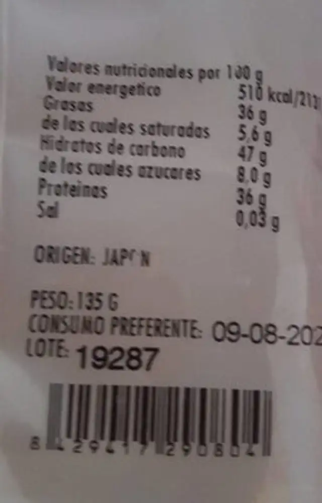 Frutos secos nutrition facts table