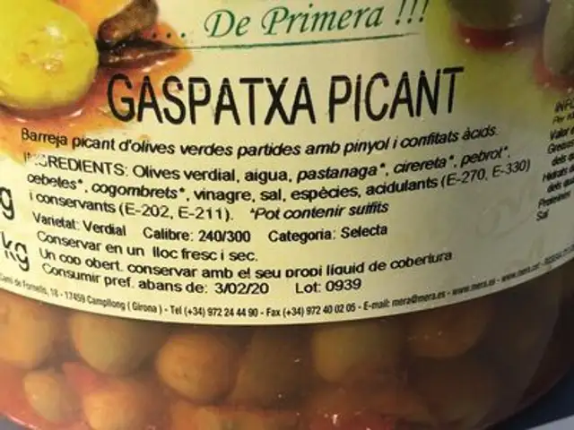 Olive piquantes ingredients label