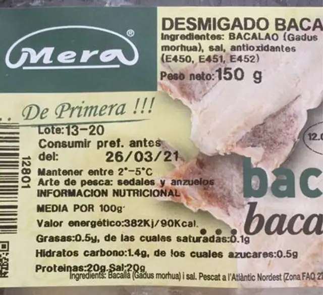 Bacallà desmigado nutrition facts table