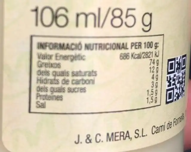Allioli Oli Amb Oli D'oliva Mera nutrition facts table