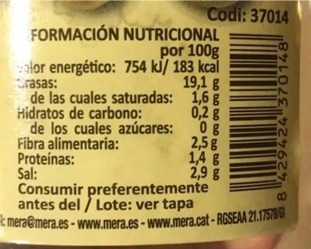 Aceitunas Manzanilla Fina Deshuesadas Natural nutrition facts table