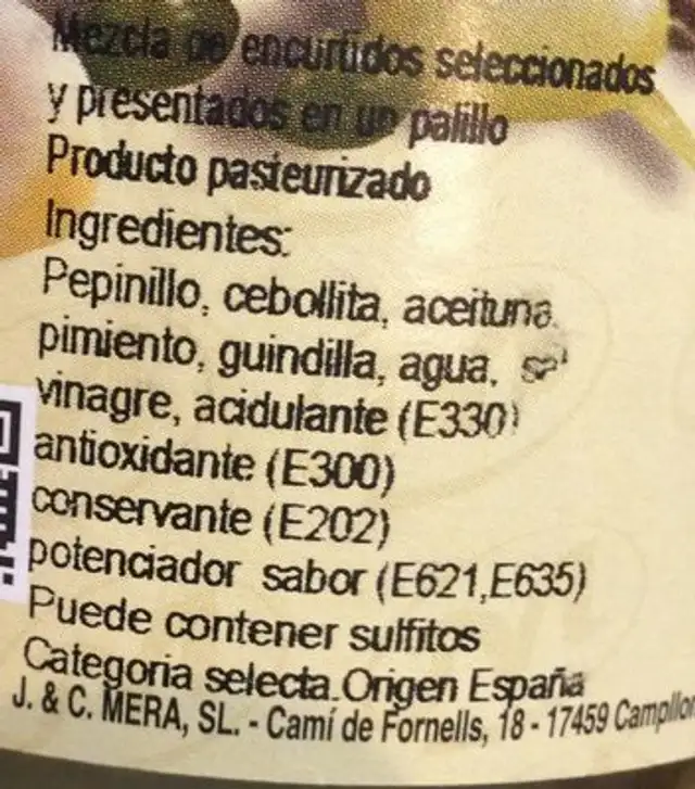 BANDERILLAS picantes ingredients label