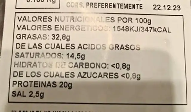 Paleta de bellota 100% nutrition facts table