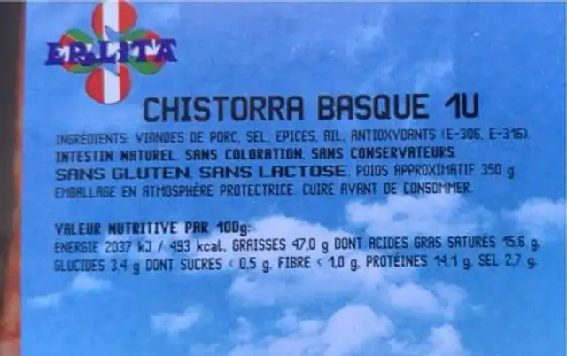 Chistorria basque nutrition facts table