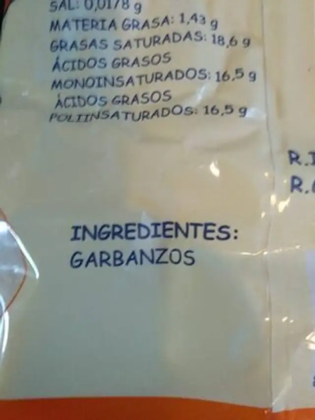 Harina fina de Garbanzos ingredients label