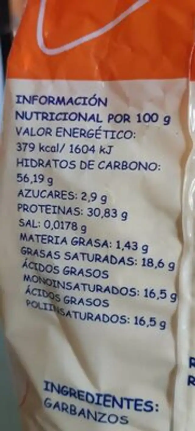Harina fina de Garbanzos nutrition facts table