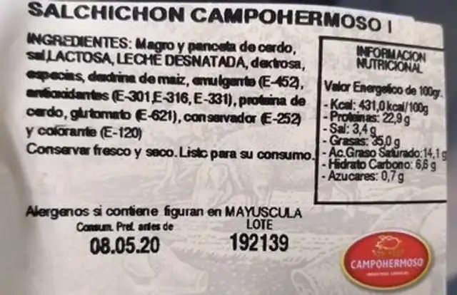 Salchichon campohermoso nutrition facts table