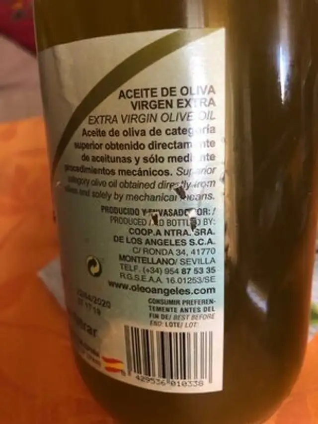 Aceite de Oliva Virgen Extra Na Señora de Los Angeles ingredients label