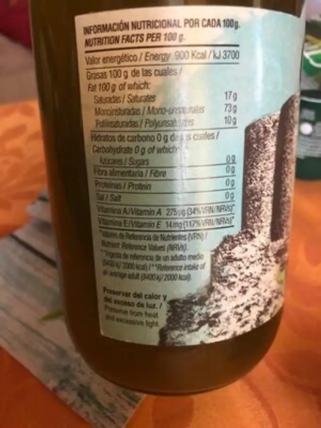 Aceite de Oliva Virgen Extra Na Señora de Los Angeles nutrition facts table