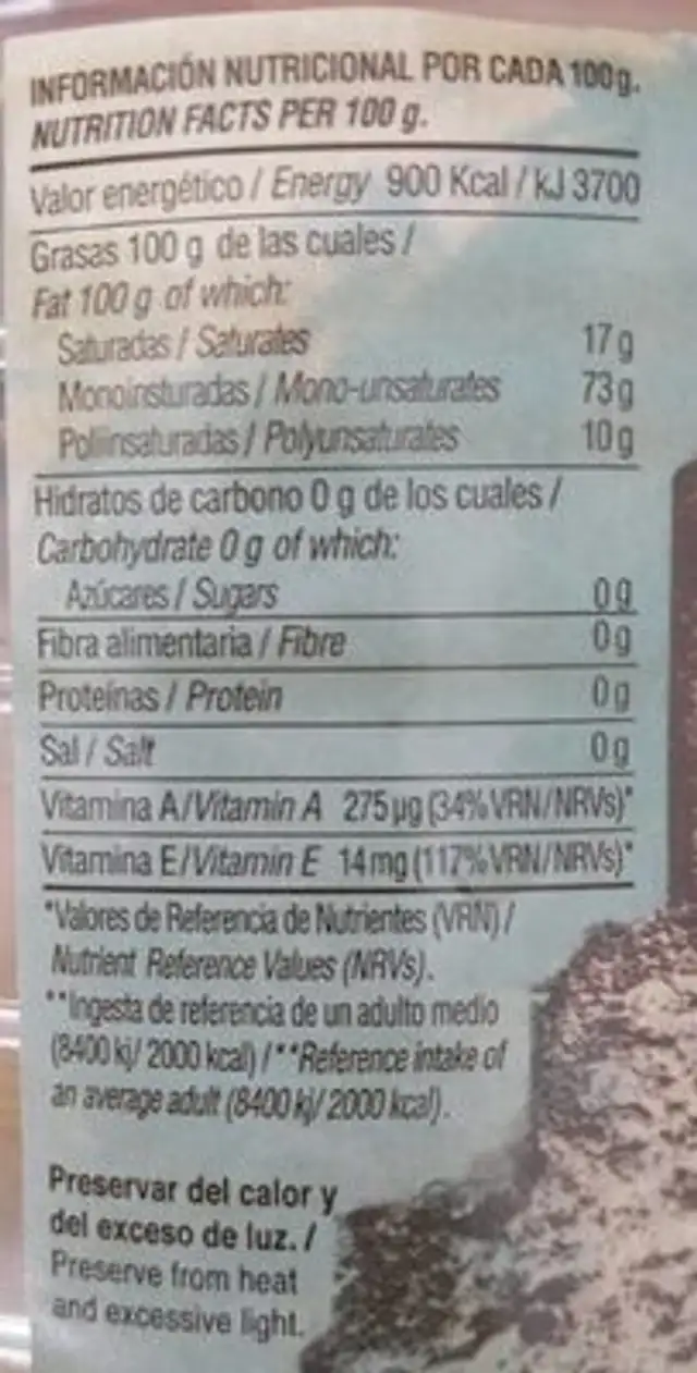 Aceite de oliva virgen extra nutrition facts table