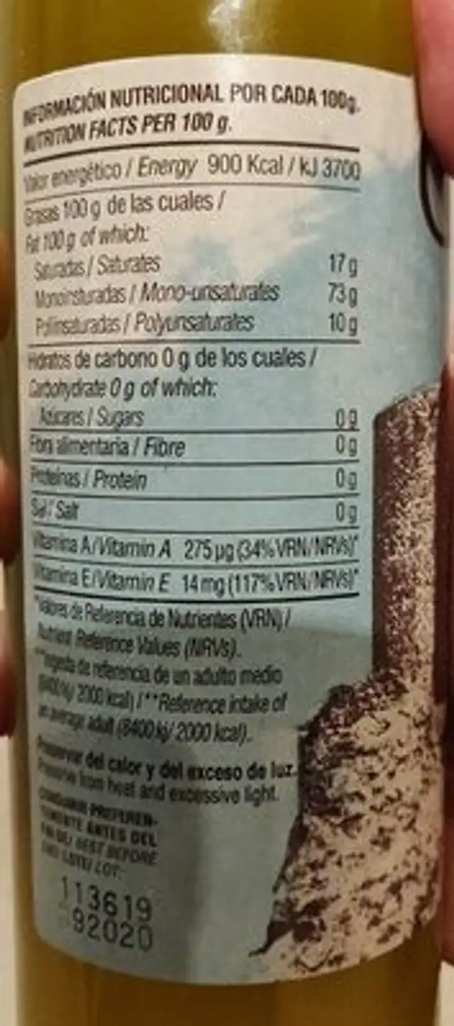 Aceite de Oliva Virgen Extra nutrition facts table